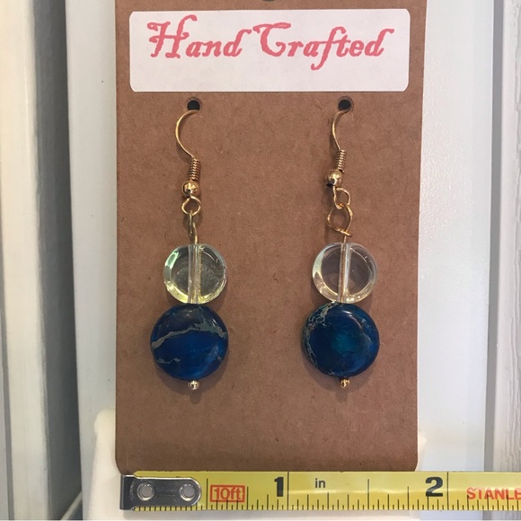 Hand Crafted Earrings w/ blue & clear beads that dangle from gold color wire - Picture 4 of 6
